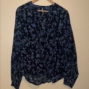 Free People Navy Blue Patterned Blouse